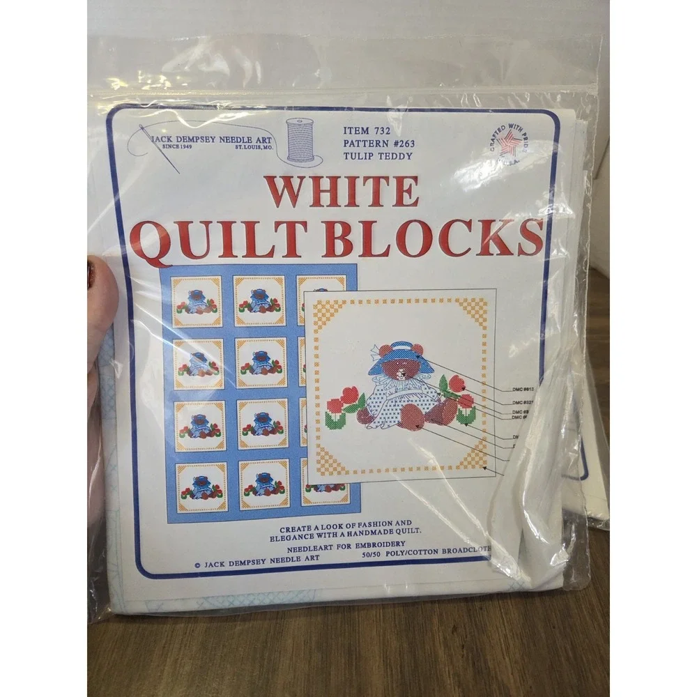 Quilt Blocks, Tulip Teddy, Vintage Embroidery, Cottagecore, Farmhouse, grannycor